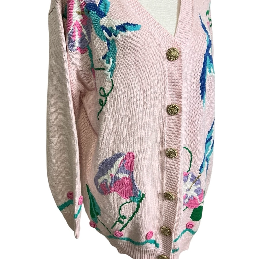 Vtg Storybook Knits  Women’s Large Cardigan Hummingbirds Flowers Cottagecore 90s - Picture 2 of 9